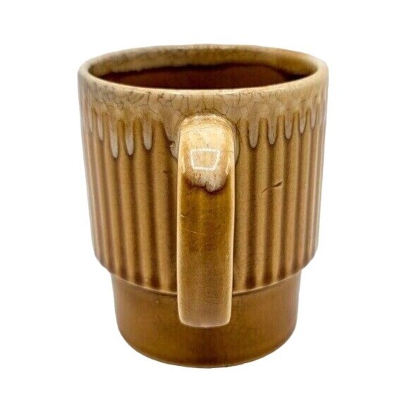 2/$15 Vintage Drip Glaze Fluted Mug Brown 3.5" Stackable Round Cup Made in Japan - Picture 6 of 10